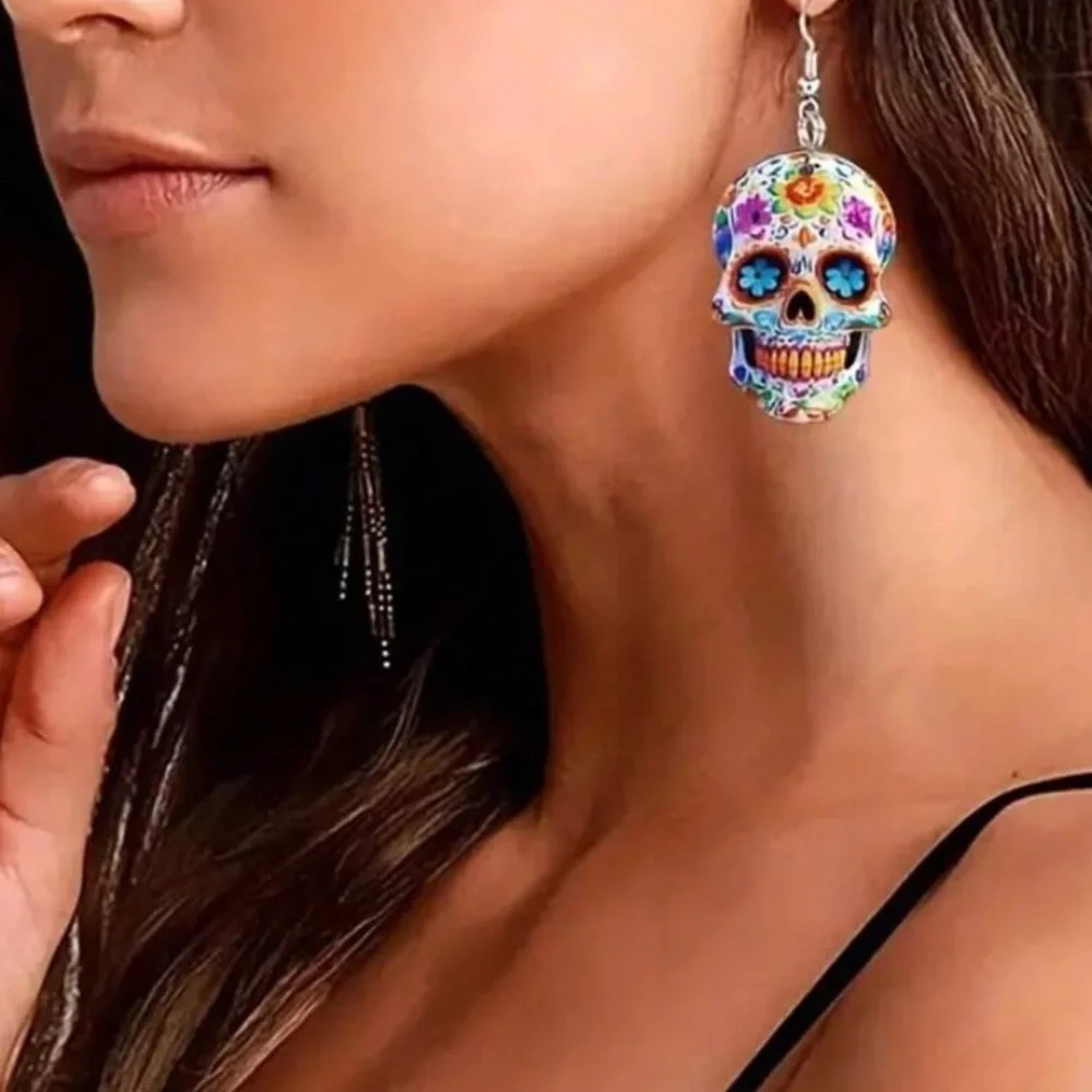 Floral Skull Drop Earrings - Picture 2 of 3